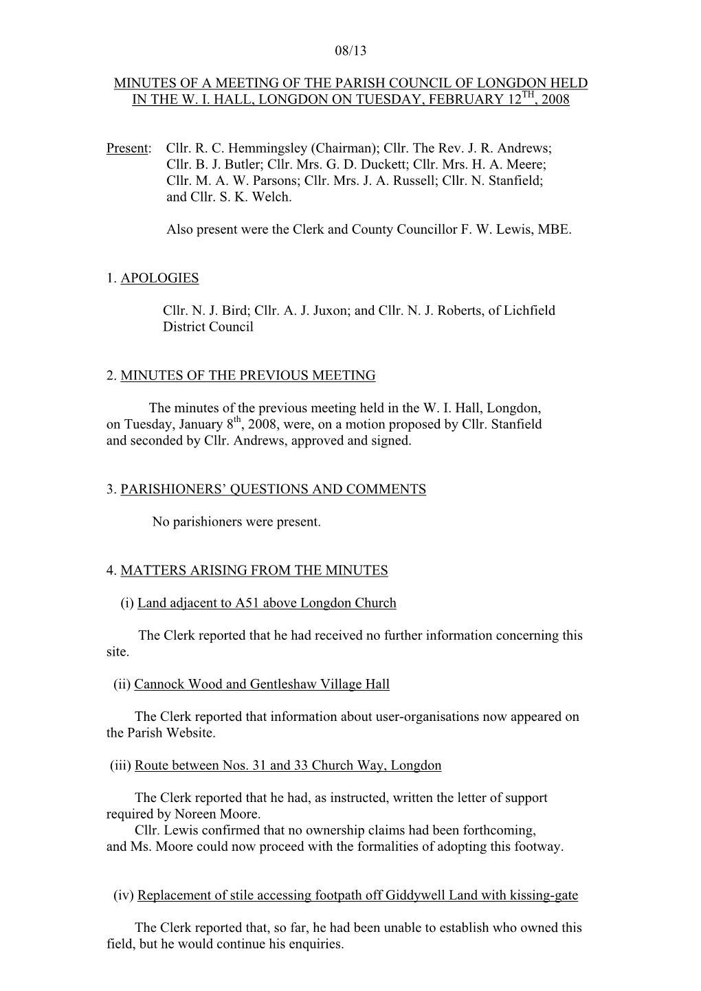 Minutes of a Meeting of the Parish Council of Longdon Held in the W