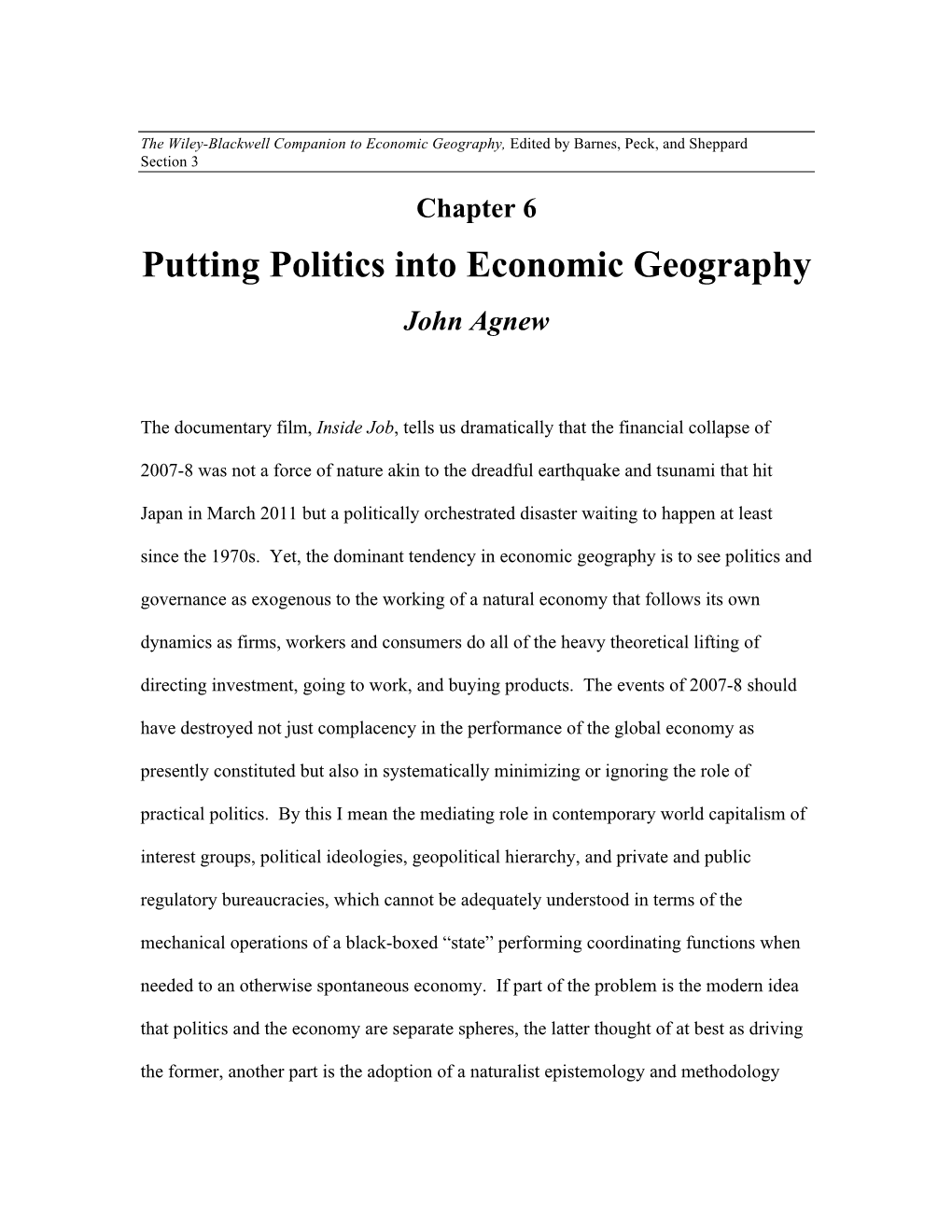 Putting Politics Into Economic Geography John Agnew