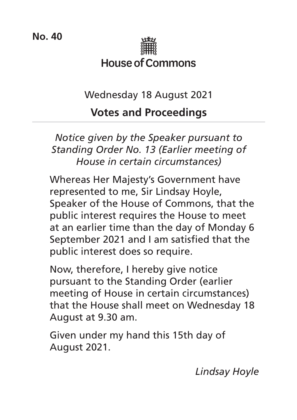 Votes and Proceedings for 18 Aug 2021