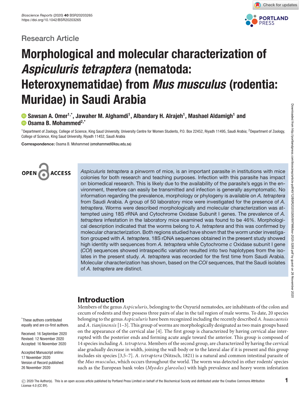 Morphological and Molecular Characterization of Aspiculuris Tetraptera (Nematoda: Heteroxynematidae) from Mus Musculus (Rodentia