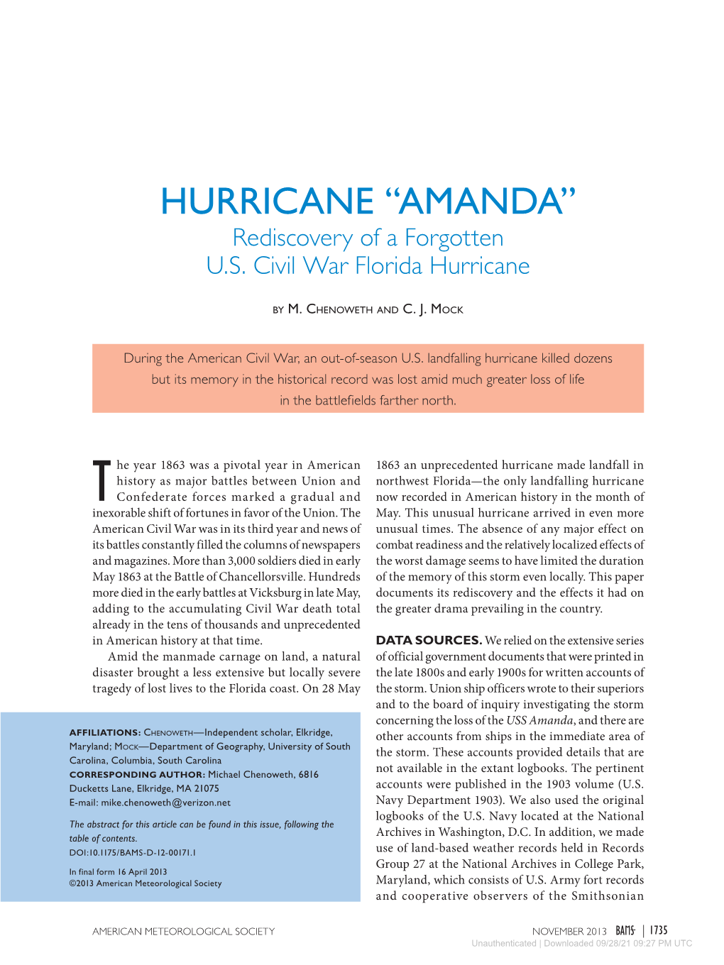 Hurricane “Amanda” Rediscovery of a Forgotten U.S