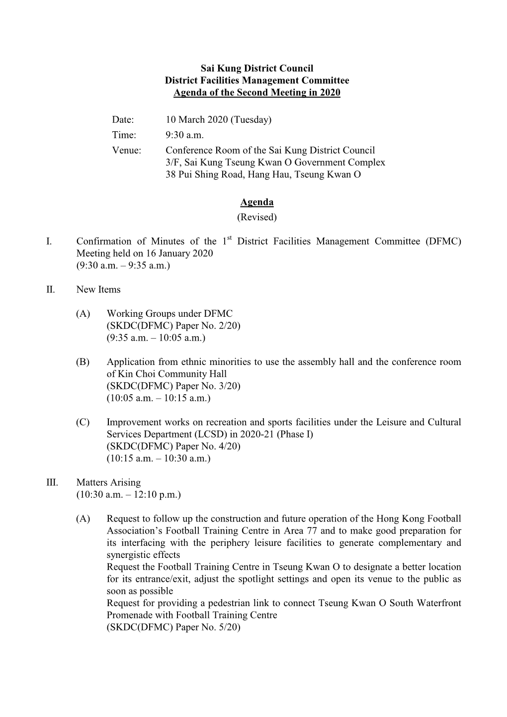 Sai Kung District Council District Facilities Management Committee Agenda of the Second Meeting in 2020