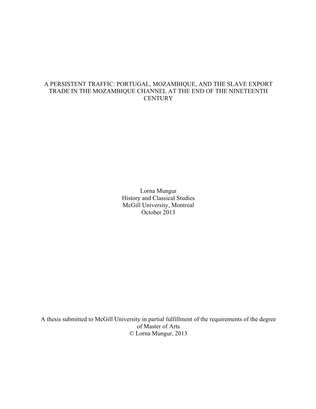 A Persistent Traffic: Portugal, Mozambique, and the Slave Export Trade in the Mozambique Channel at the End of the Nineteenth Century