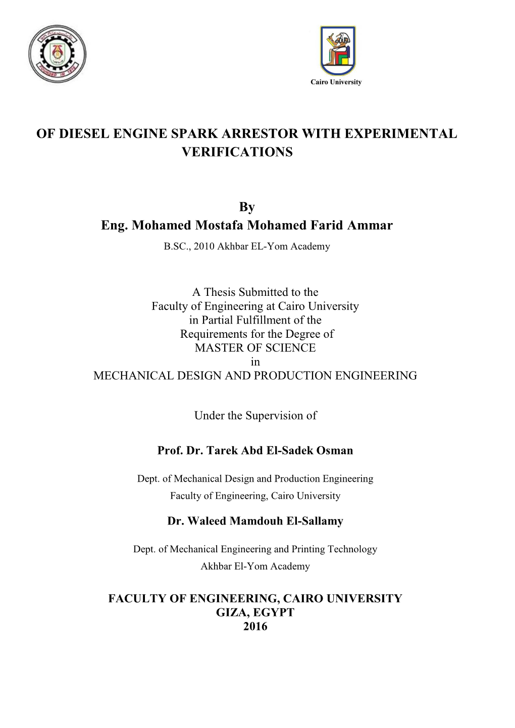 Of Diesel Engine Spark Arrestor with Experimental Verifications