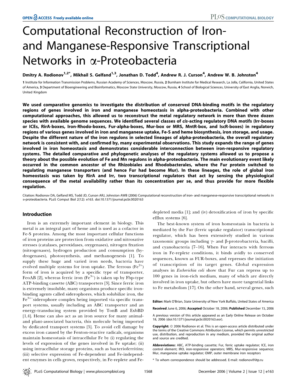 And Manganese-Responsive Transcriptional Networks in A-Proteobacteria