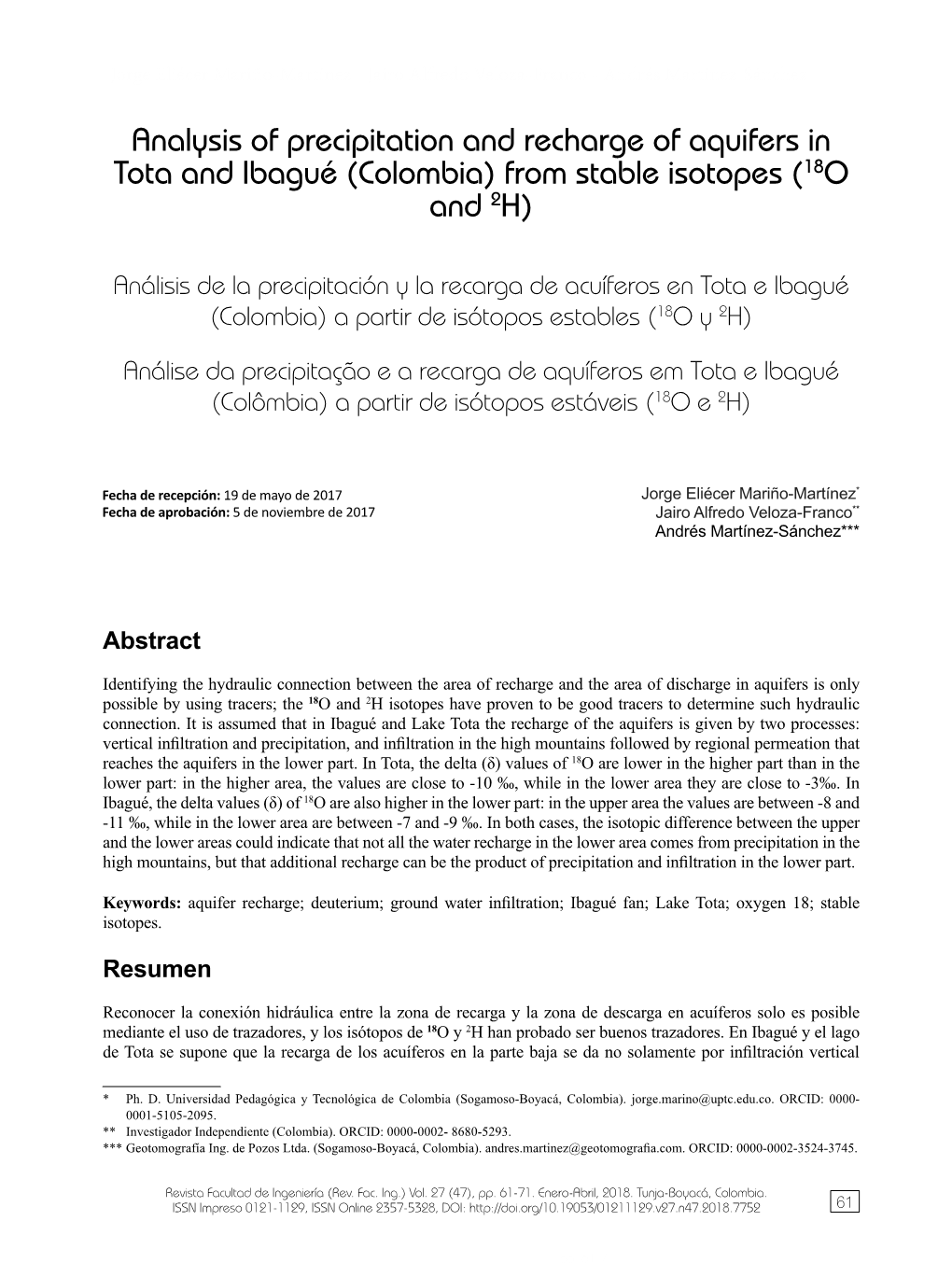 Analysis of Precipitation and Recharge of Aquifers in Tota and Ibagué (Colombia) from Stable Isotopes (18O and 2H)