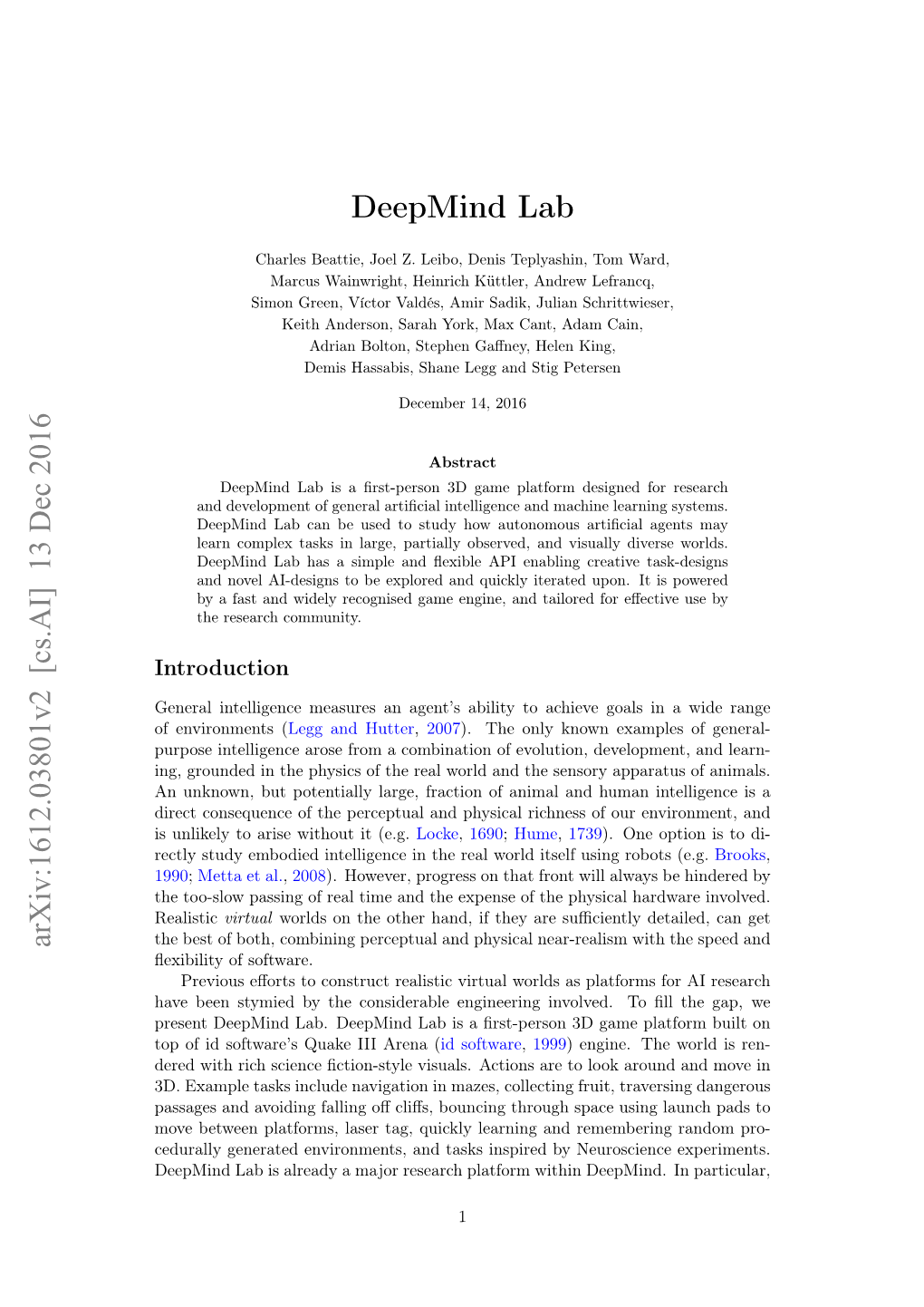 Deepmind Lab Arxiv:1612.03801V2 [Cs.AI] 13 Dec 2016