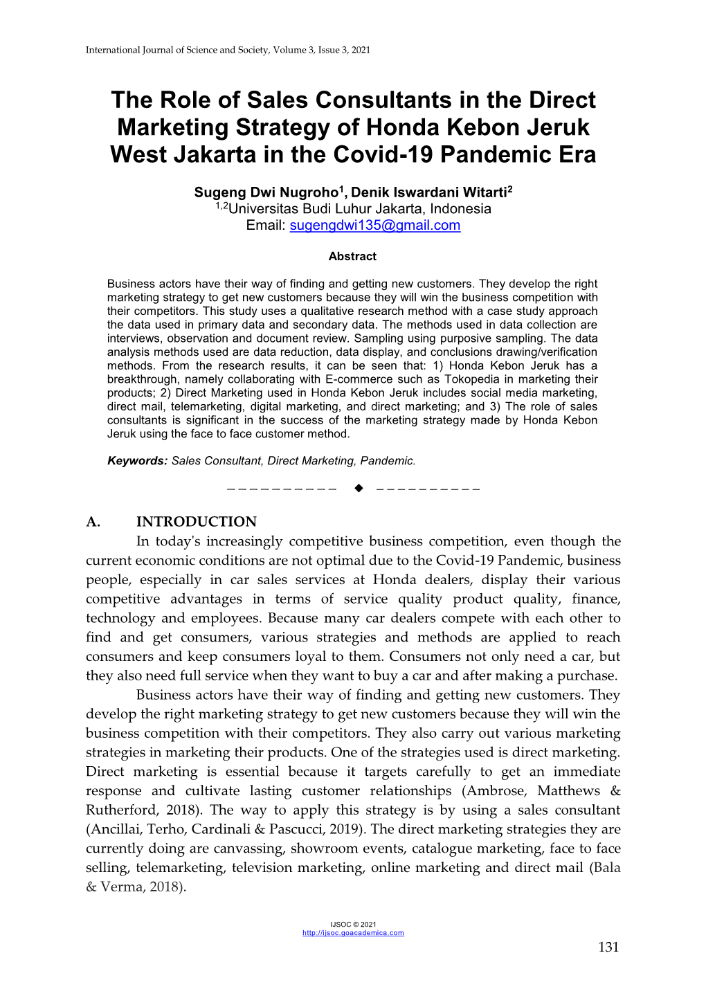 The Role of Sales Consultants in the Direct Marketing Strategy of Honda Kebon Jeruk West Jakarta in the Covid-19 Pandemic Era
