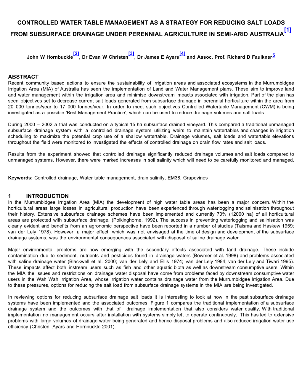 Controlled Water Table Management As a Strategy for Reducing Salt Loads [1] from Subsurface Drainage Under Perennial Agriculture in Semi-Arid Australia