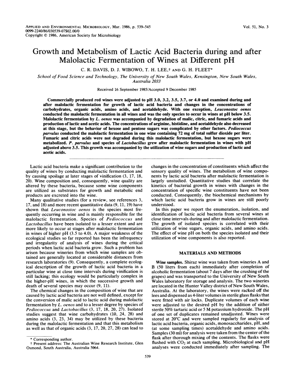 Malolactic Fermentationof Wines at Different Ph