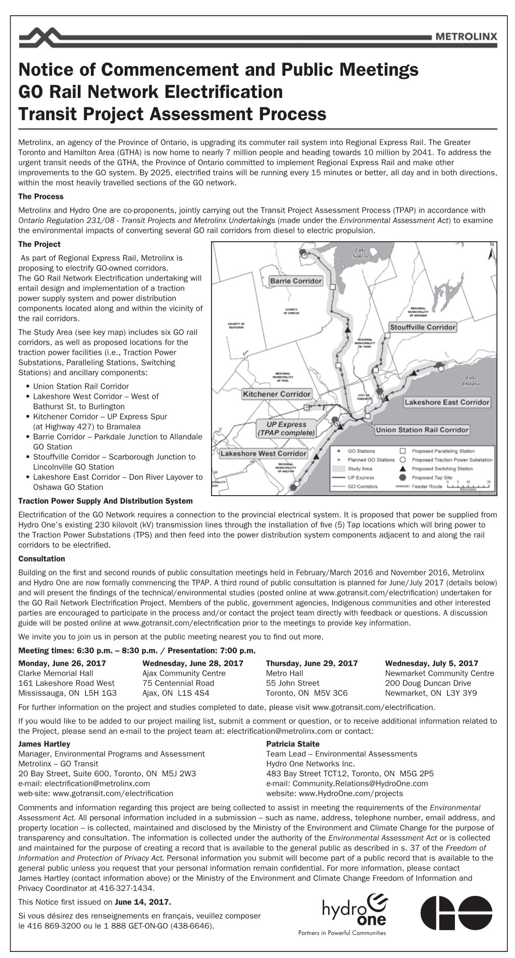 Notice of Commencement and Public Meetings GO Rail Network Electrification Transit Project Assessment Process