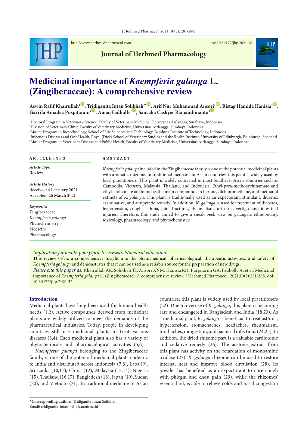 Medicinal Importance of Kaempferia Galanga L. (Zingiberaceae): a Comprehensive Review