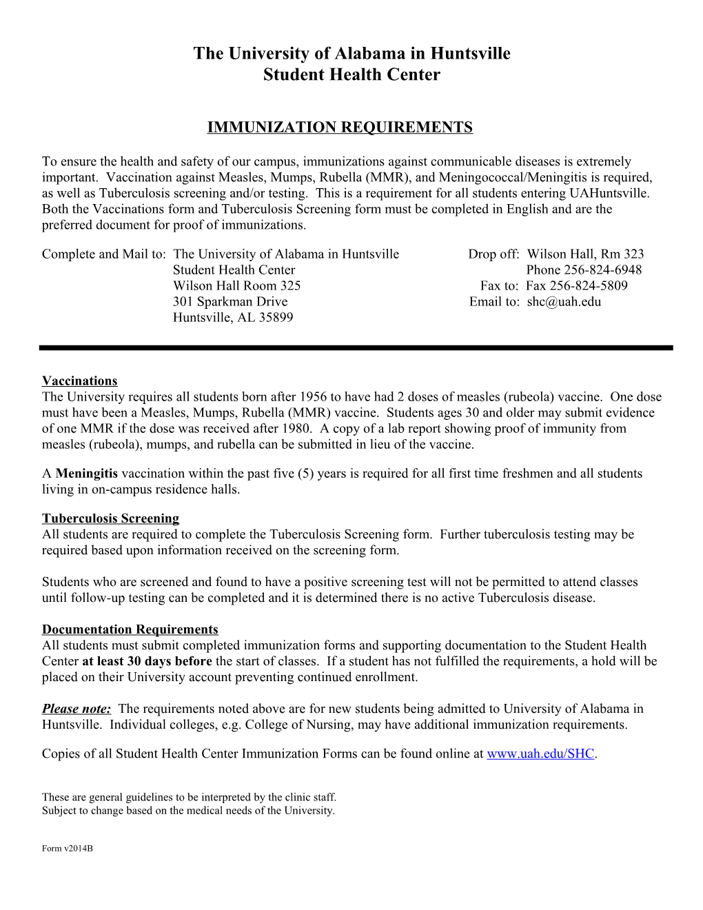 Tuberculosis Screening and Immunization Requirements