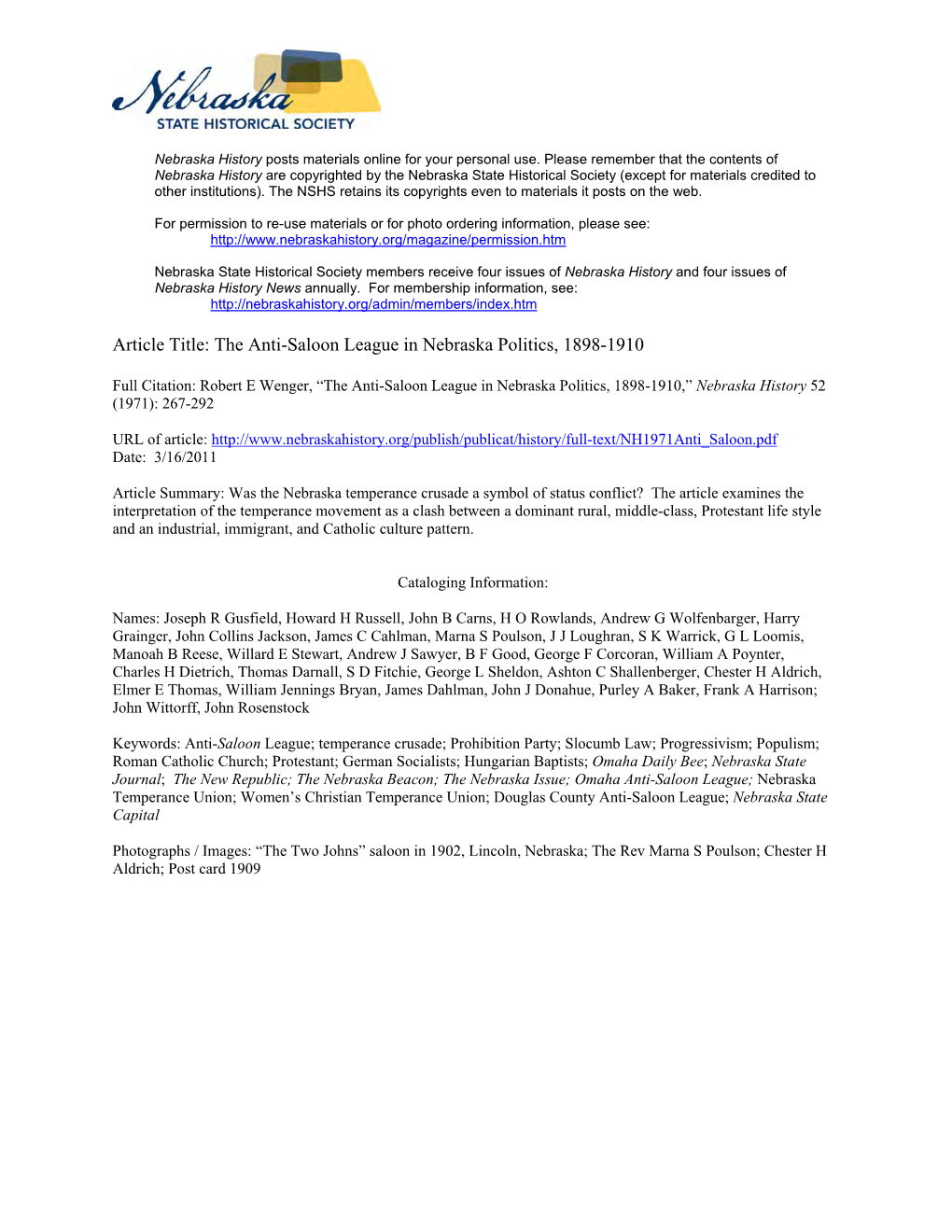 Anti-Saloon League in Nebraska Politics, 1898-1910