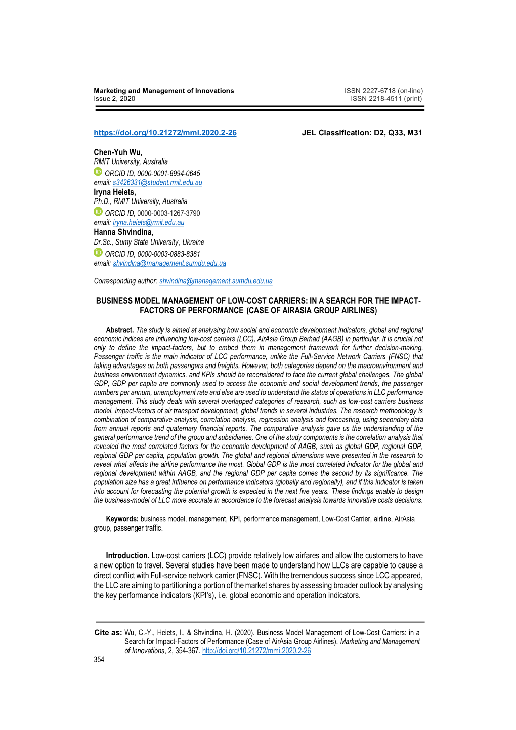 Chen-Yuh Wu, Iryna Heiets, Hanna Shvindina, BUSINESS MODEL MANAGEMENT of LOW-COST CARRIERS