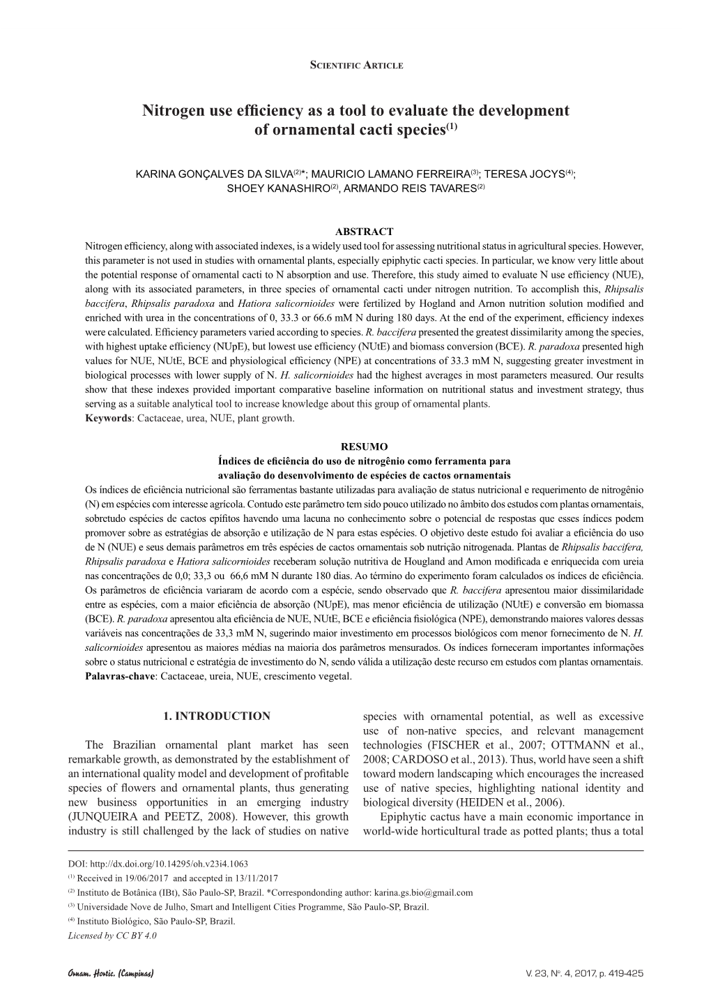 Nitrogen Use Efficiency As a Tool to Evaluate the Development of Ornamental Cacti Species(1)