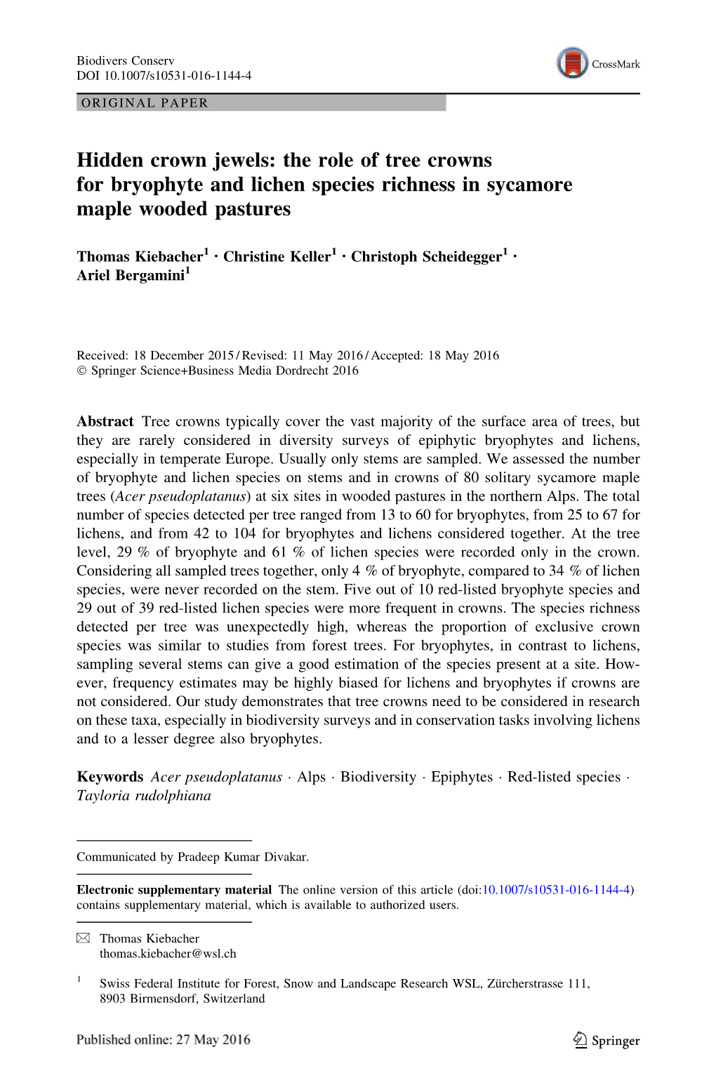 The Role of Tree Crowns for Bryophyte and Lichen Species Richness in Sycamore Maple Wooded Pastures