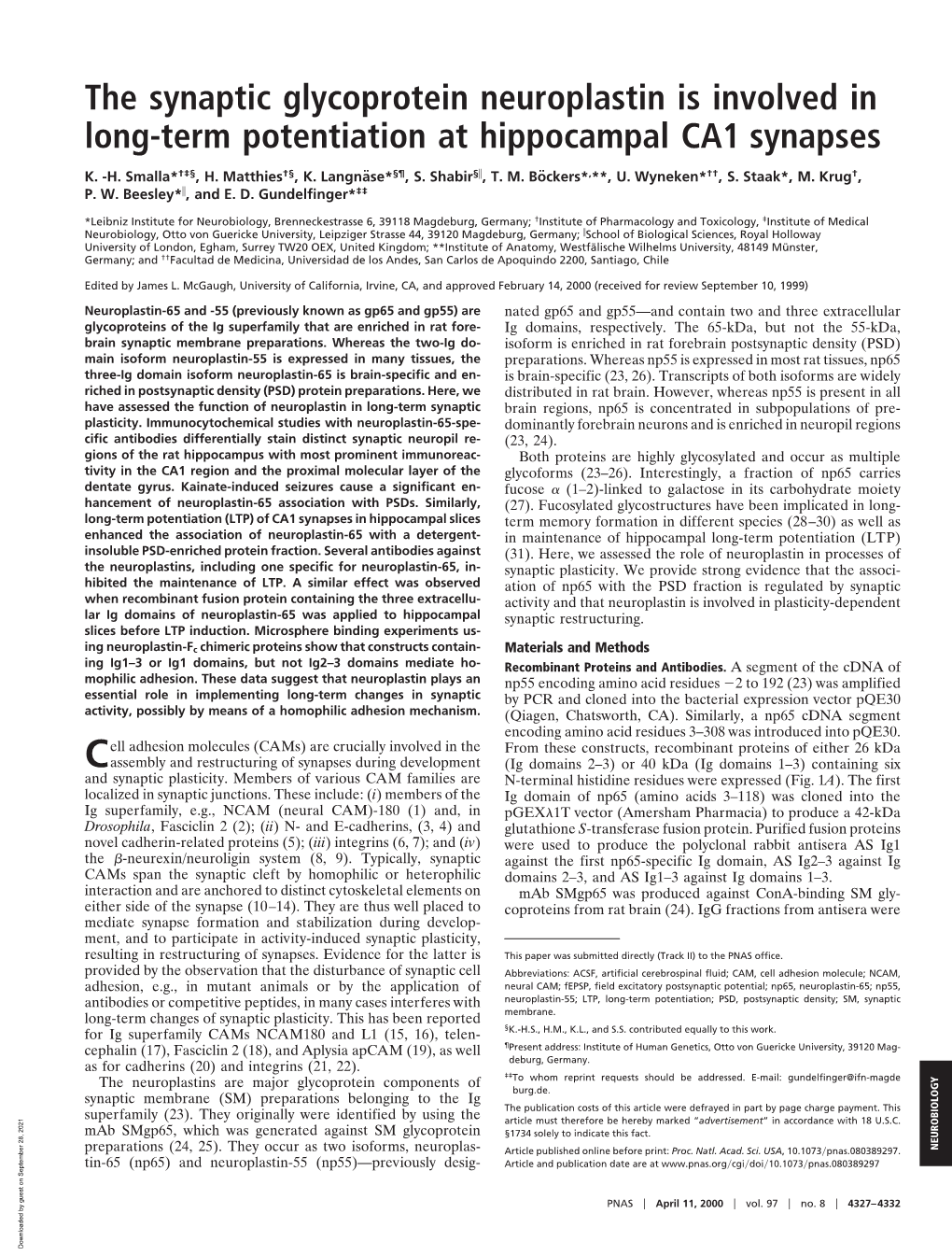 The Synaptic Glycoprotein Neuroplastin Is Involved in Long-Term Potentiation at Hippocampal CA1 Synapses