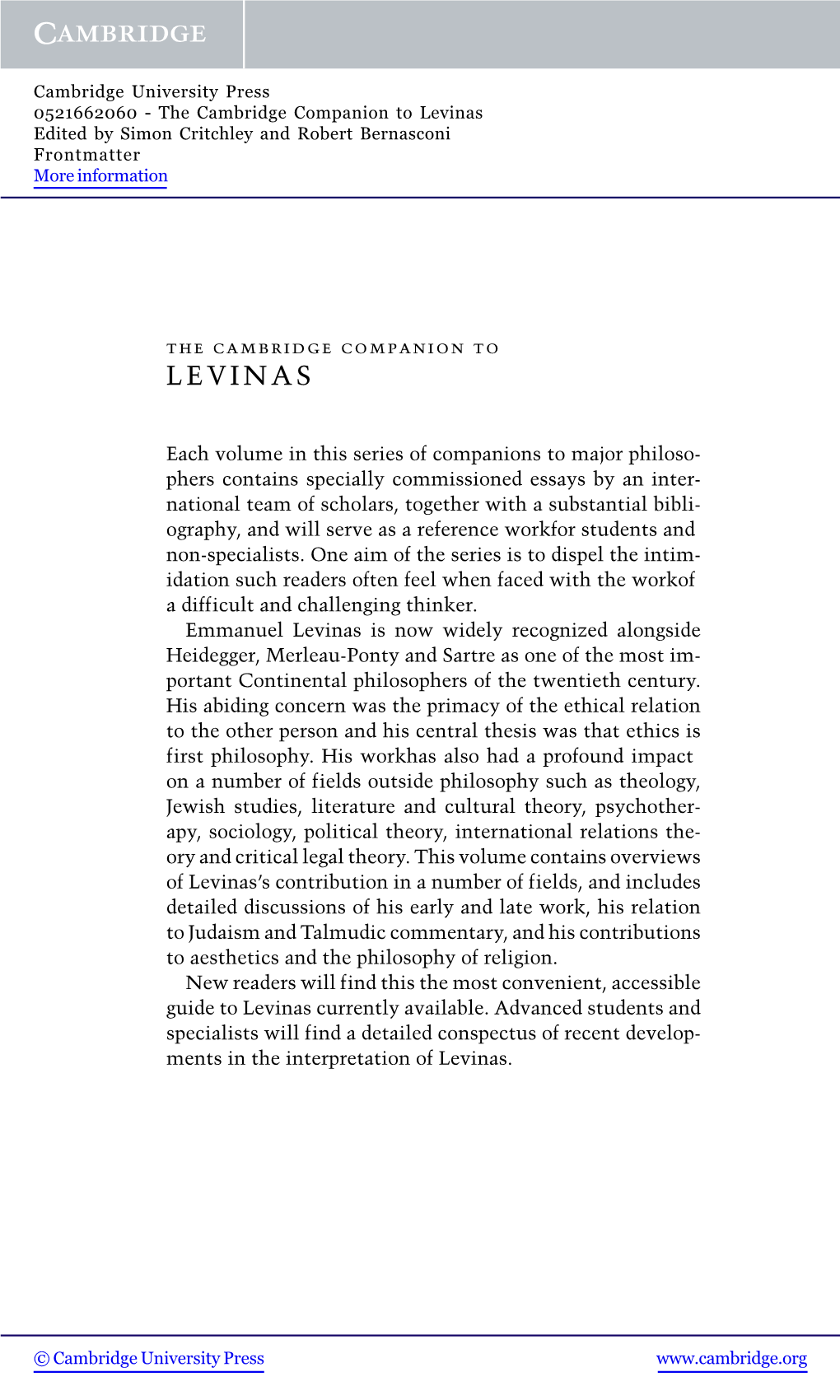 Levinas Edited by Simon Critchley and Robert Bernasconi Frontmatter More Information