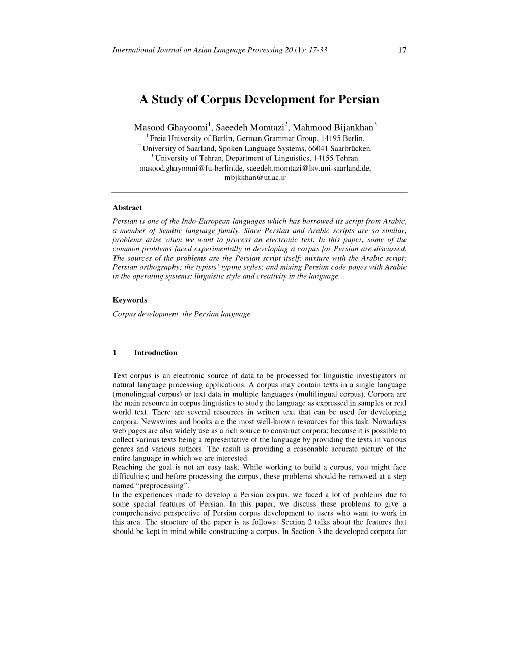 A Study of Corpus Development for Persian