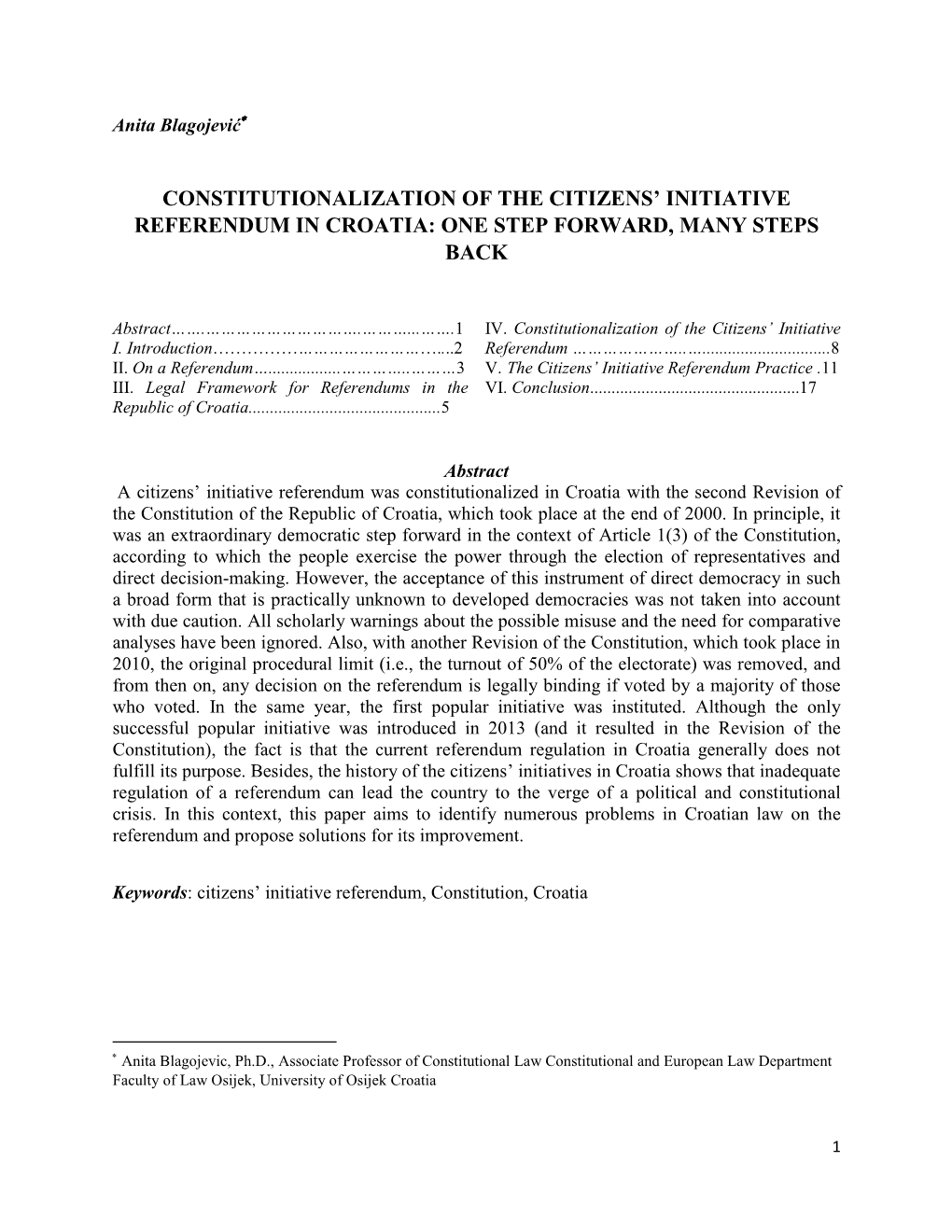 Constitutionalization of the Citizens' Initiative Referendum in Croatia: One Step Forward, Many Steps Back