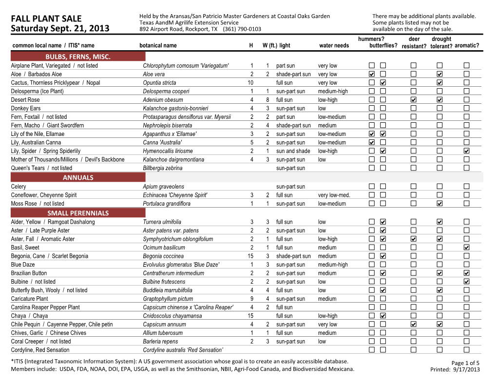 FALL PLANT SALE Saturday Sept. 21, 2013