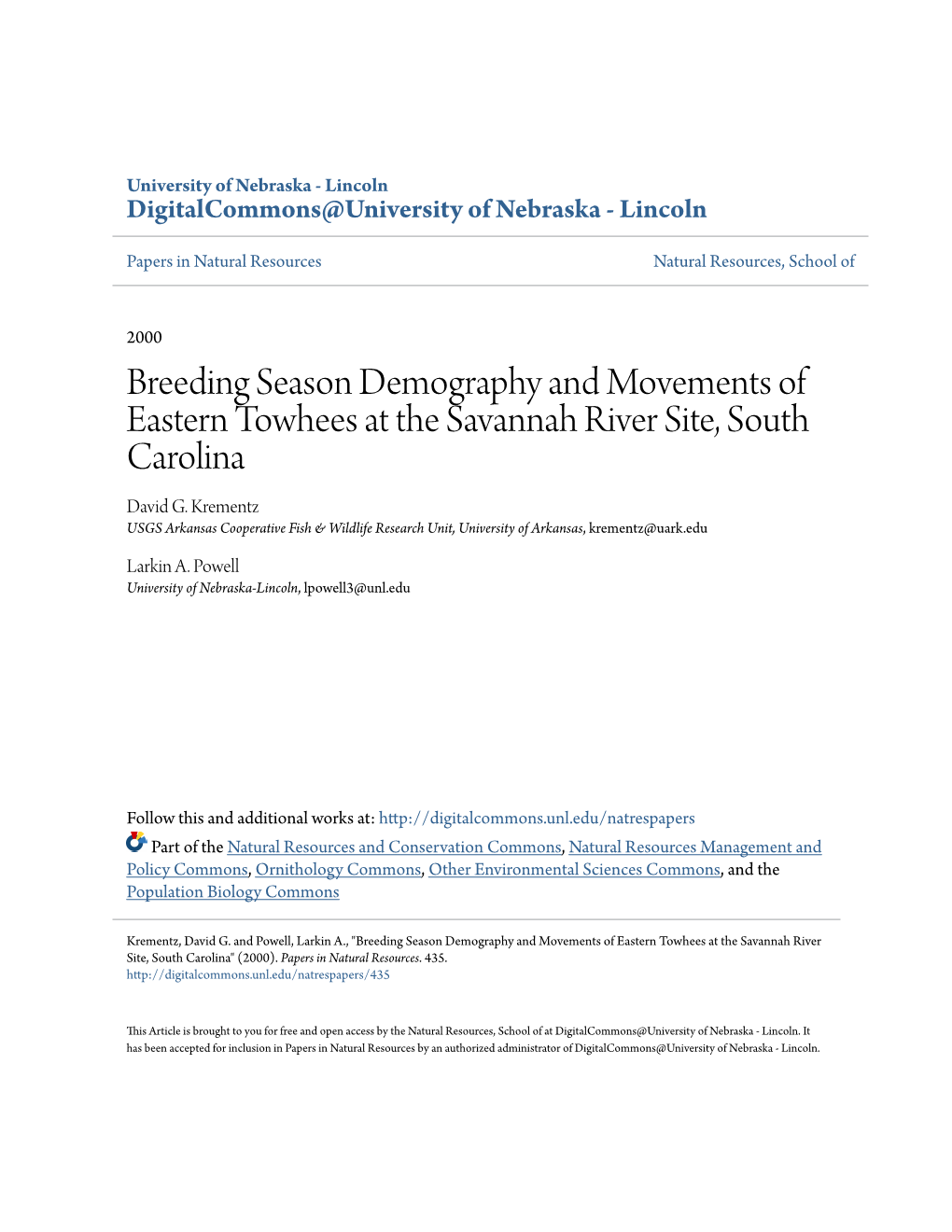 Breeding Season Demography and Movements of Eastern Towhees at the Savannah River Site, South Carolina David G