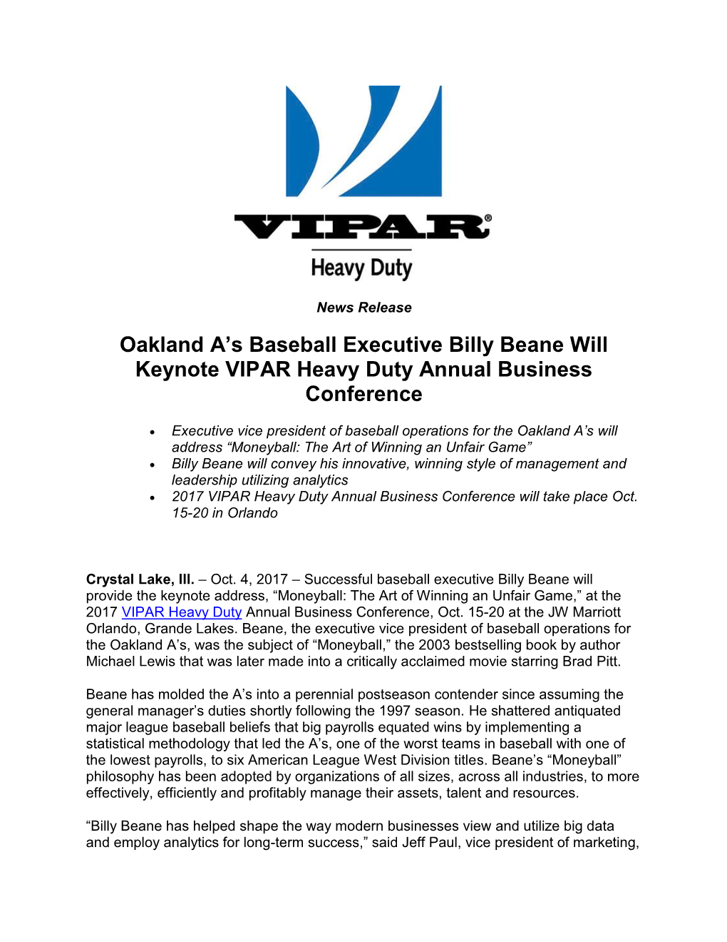 Oakland A's Baseball Executive Billy Beane Will Keynote VIPAR Heavy