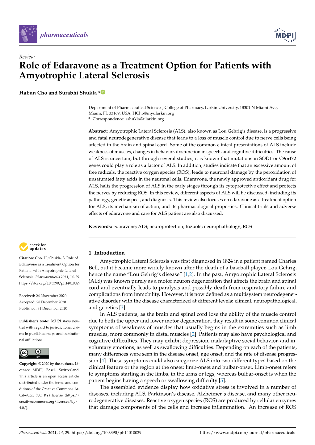 Role of Edaravone As a Treatment Option for Patients with Amyotrophic Lateral Sclerosis