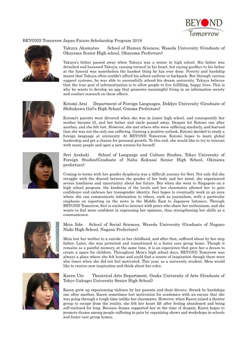 BEYOND Tomorrow Japan Future Scholarship Program 2019 Takuya Akamatsu School of Human Sciences, Waseda University (Graduate O