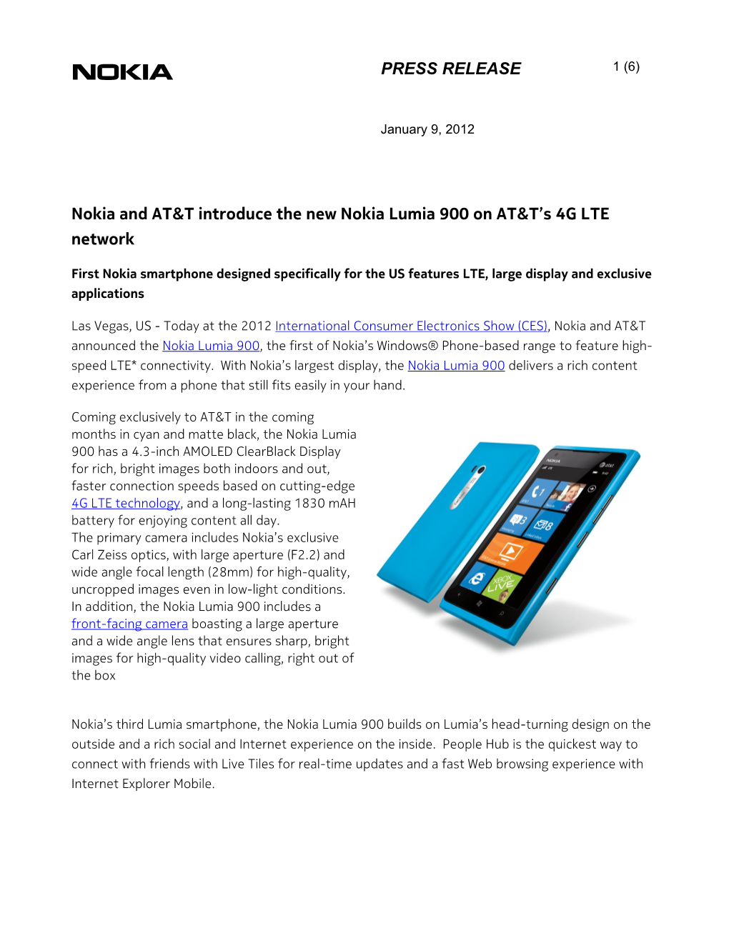 PRESS RELEASE Nokia and AT&T Introduce the New Nokia Lumia 900
