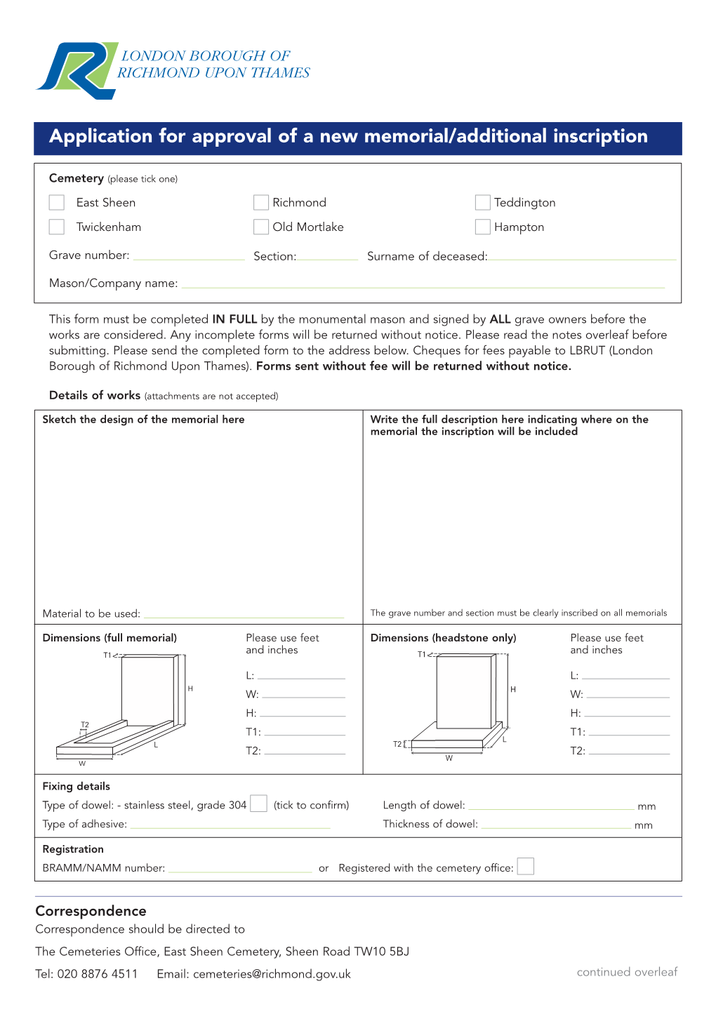 Application for Approval of a New Memorial/Additional Inscription