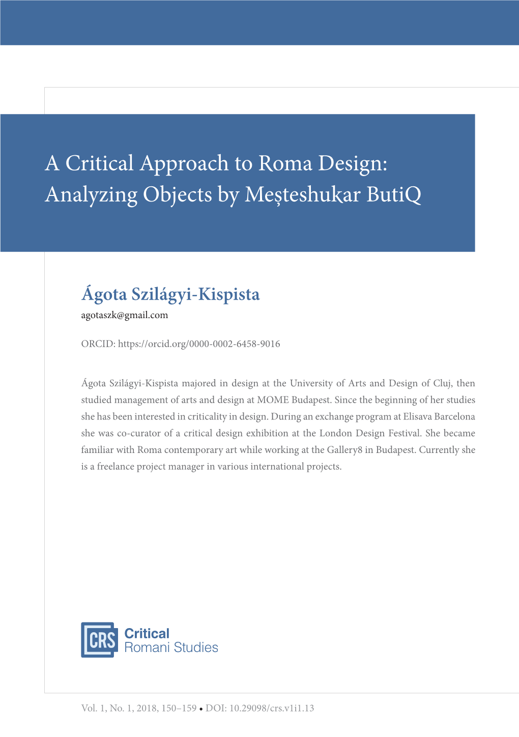 A Critical Approach to Roma Design: Analyzing Objects by Meșteshukar Butiq