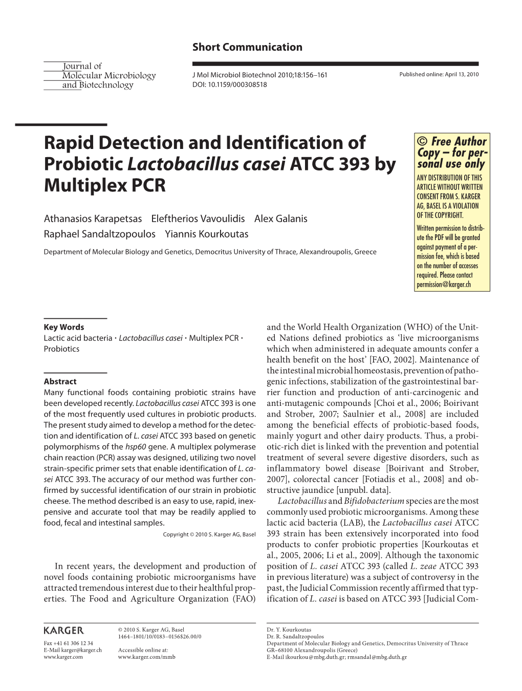 Rapid Detection and Identification of Probiotic Lactobacillus Casei ATCC 393 by Multiplex PCR