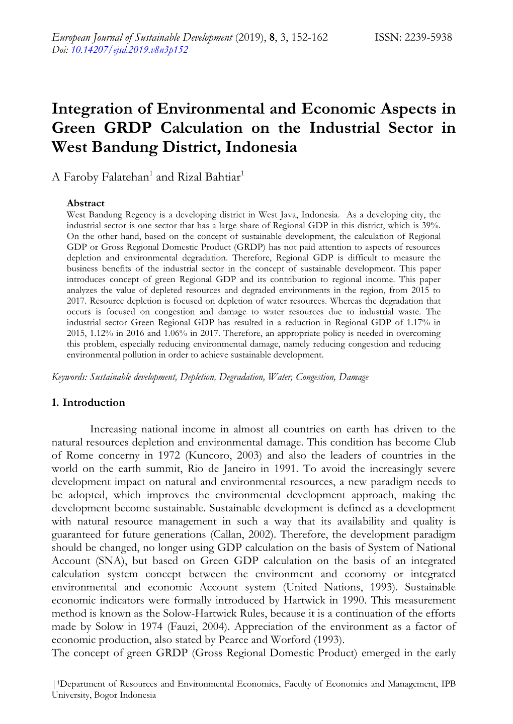 Integration of Environmental and Economic Aspects in Green GRDP Calculation on the Industrial Sector in West Bandung District, Indonesia