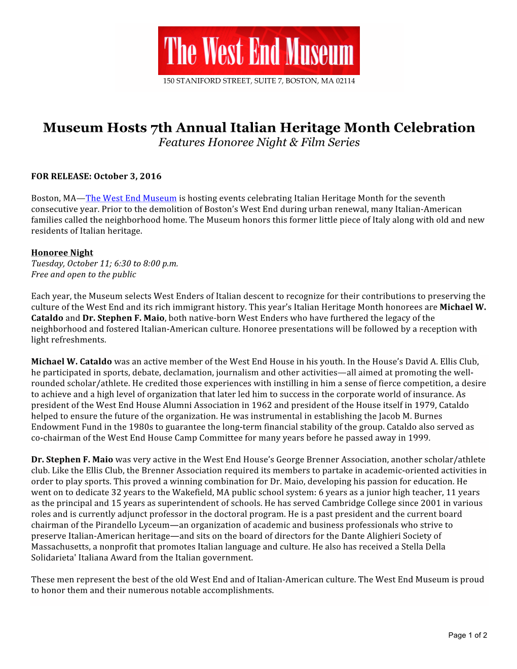 Museum Hosts 7Th Annual Italian Heritage Month Celebration Features Honoree Night & Film Series