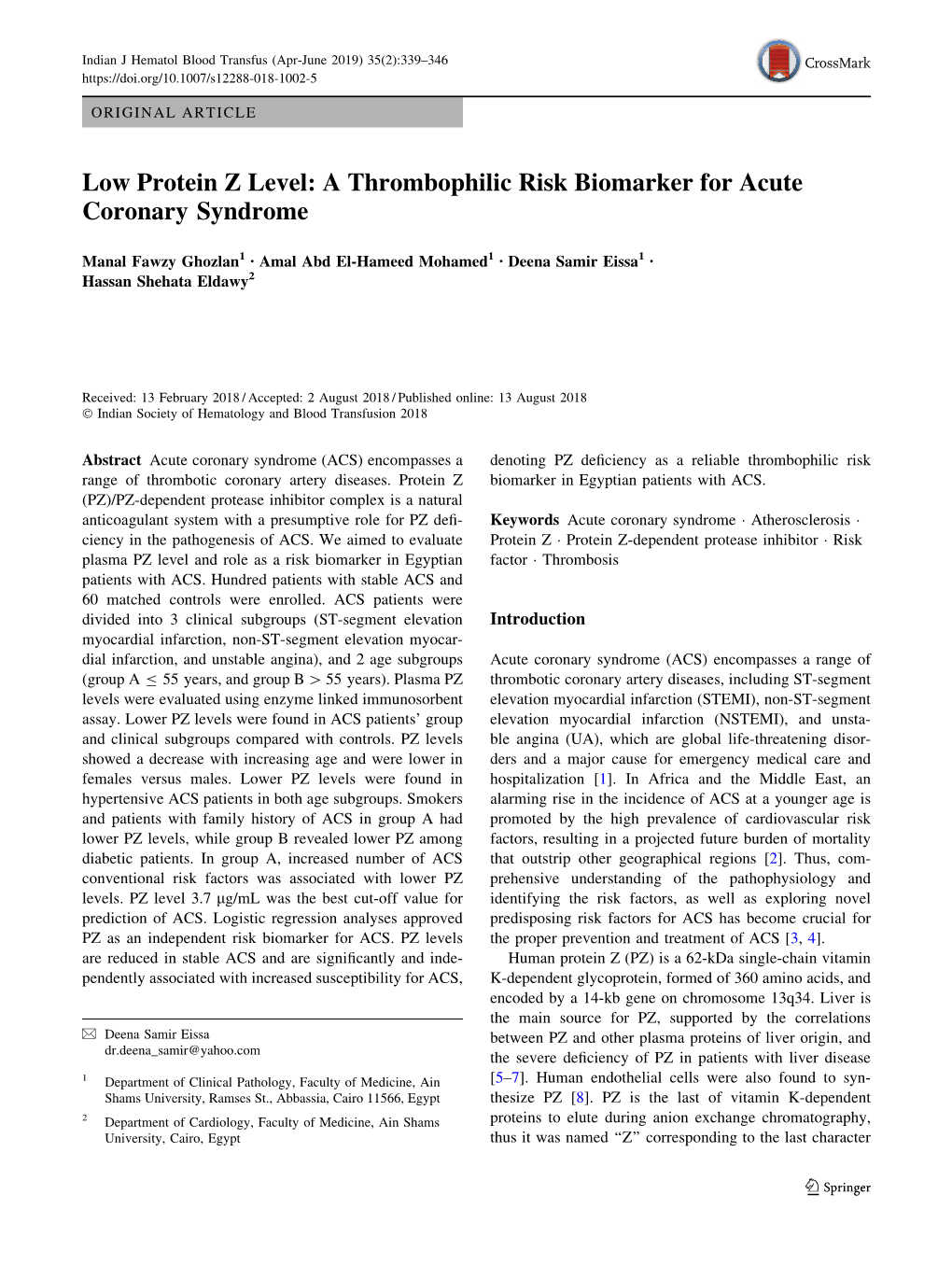 Low Protein Z Level: a Thrombophilic Risk Biomarker for Acute Coronary Syndrome