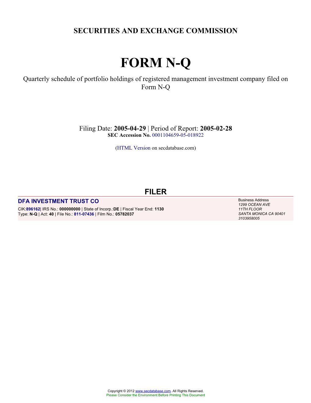 DFA INVESTMENT TRUST CO (Form: N-Q, Filing Date: 04/29/2005)