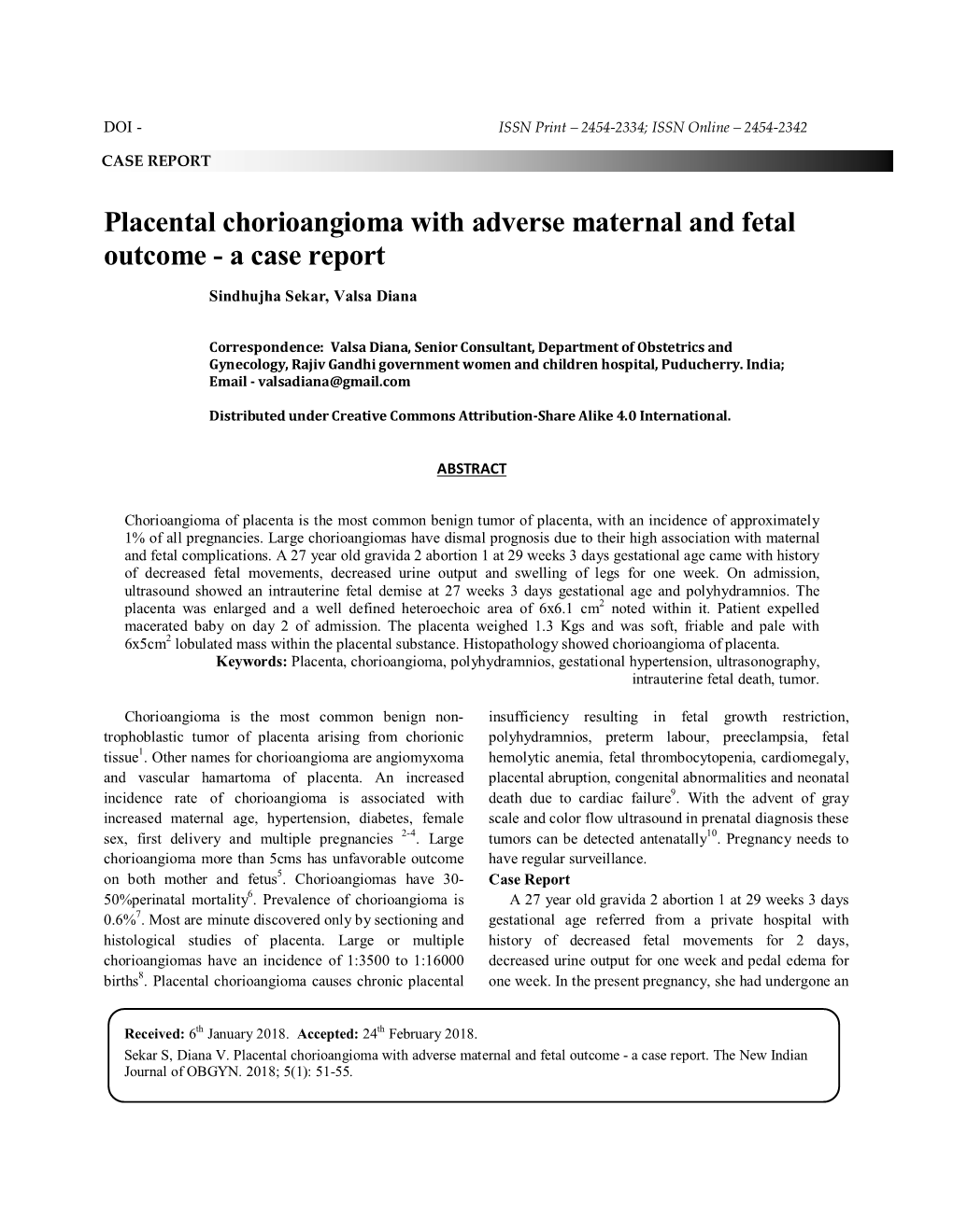 Placental Chorioangioma with Adverse Maternal and Fetal Outcome - a Case Report