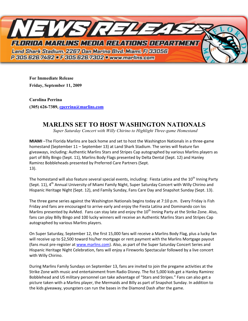 MARLINS SET to HOST WASHINGTON NATIONALS Super Saturday Concert with Willy Chirino to Highlight Three-Game Homestand