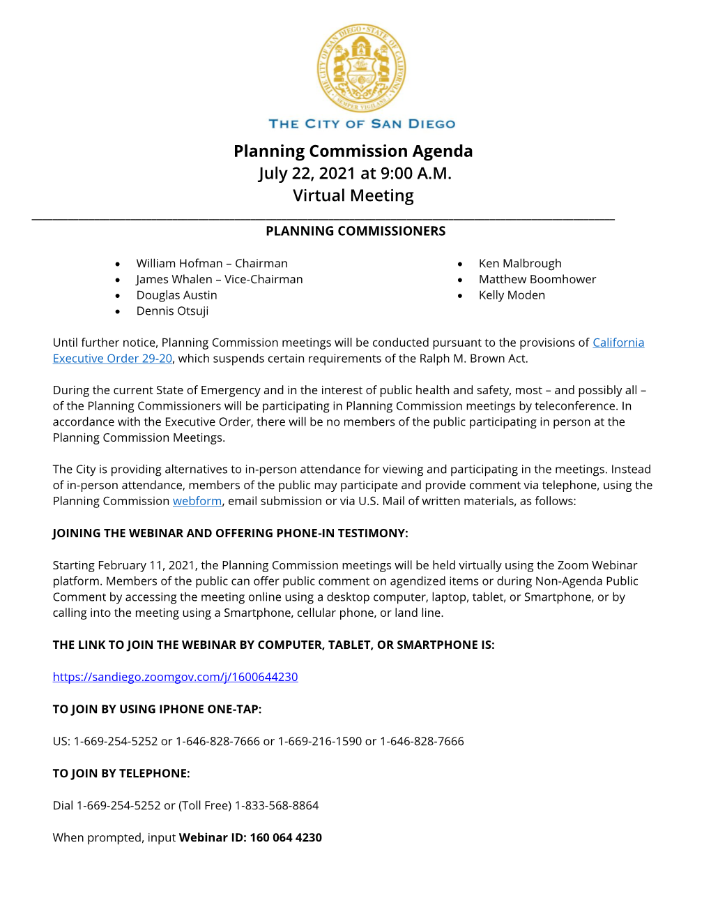 Planning Commission Agenda July 22, 2021 at 9:00 A.M. Virtual Meeting ______PLANNING COMMISSIONERS