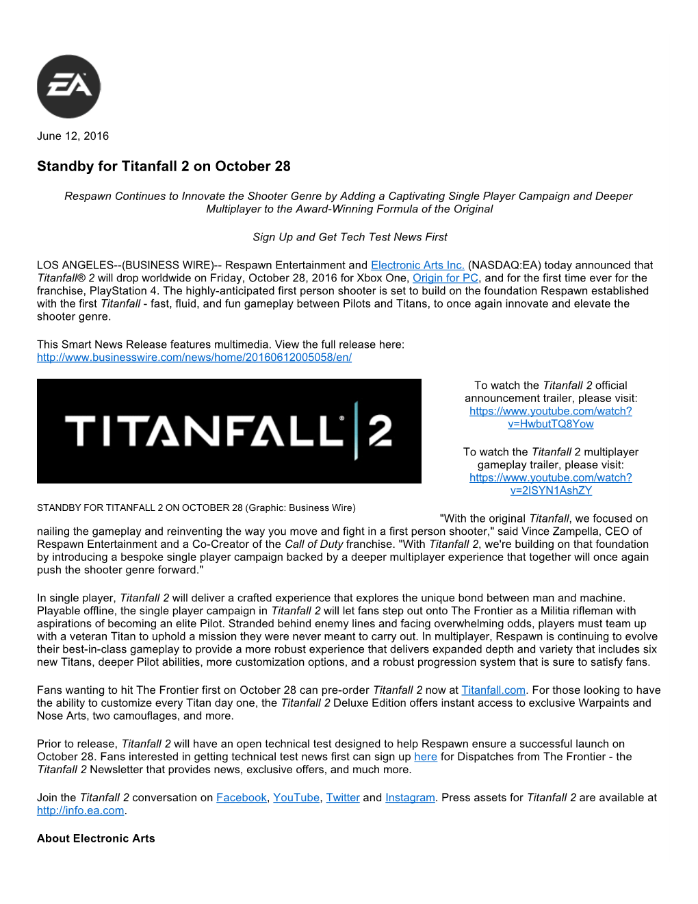 Standby for Titanfall 2 on October 28