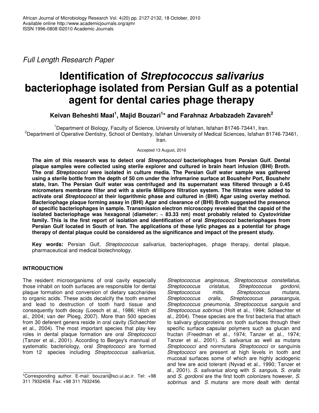 Identification of Streptococcus Salivarius Bacteriophage Isolated from Persian Gulf As a Potential Agent for Dental Caries Phage Therapy