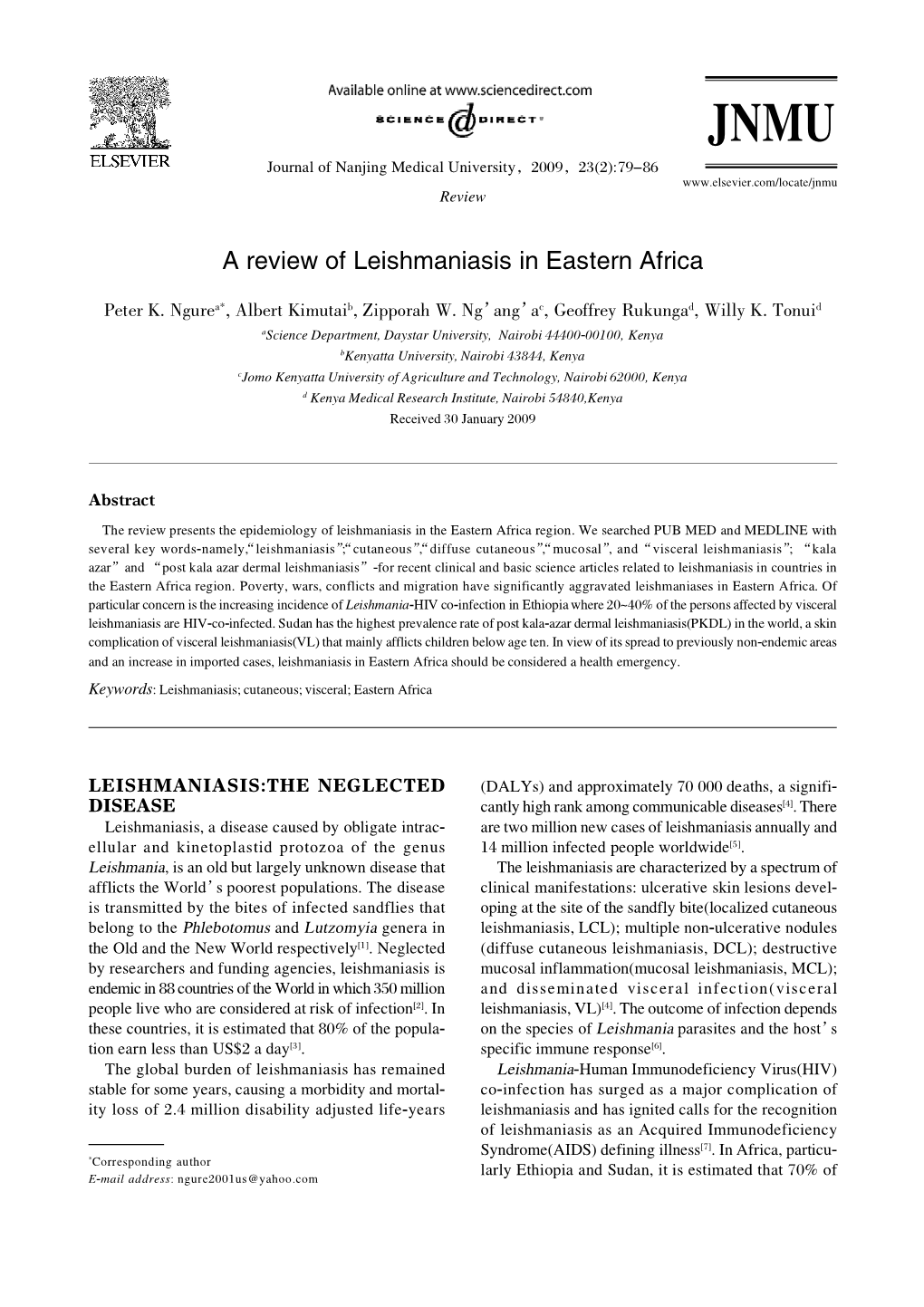 A Review of Leishmaniasis in Eastern Africa