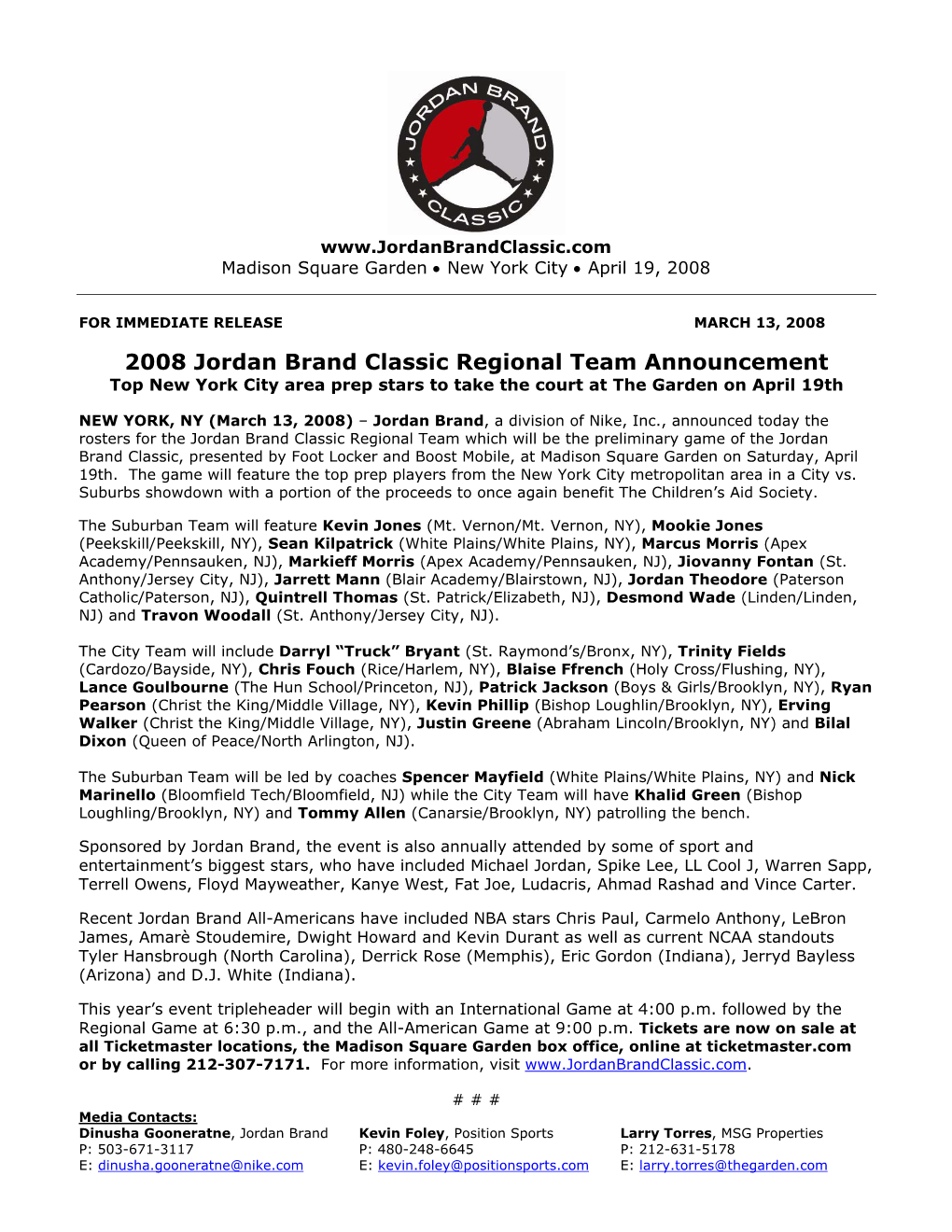 2008 Jordan Brand Classic Regional Team Announcement Top New York City Area Prep Stars to Take the Court at the Garden on April 19Th