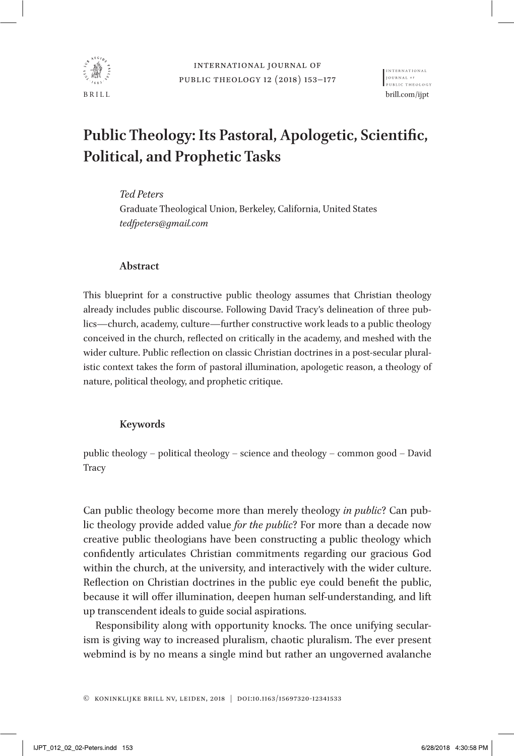 Public Theology: Its Pastoral, Apologetic, Scientific, Political, and Prophetic Tasks