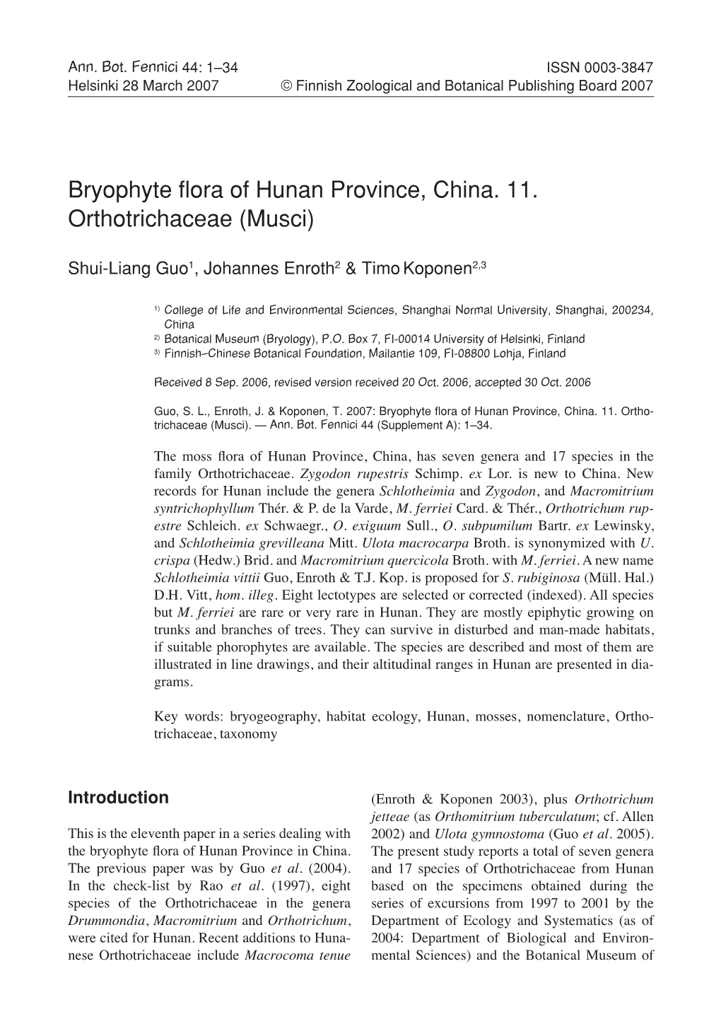 Bryophyte Flora of Hunan Province, China. 11. Orthotrichaceae (Musci)