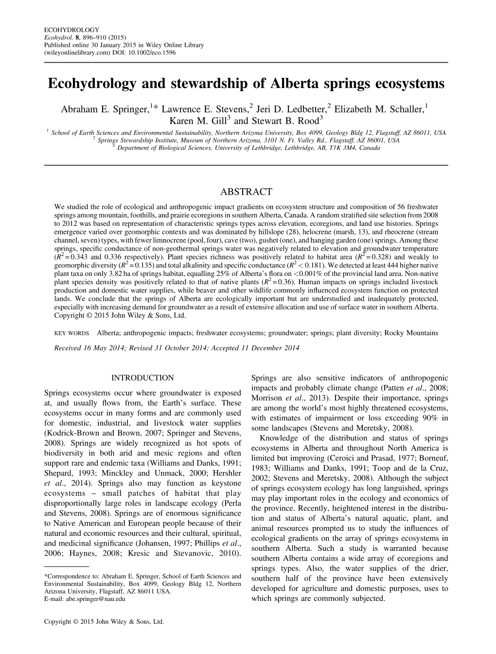 Ecohydrology and Stewardship of Alberta Springs Ecosystems