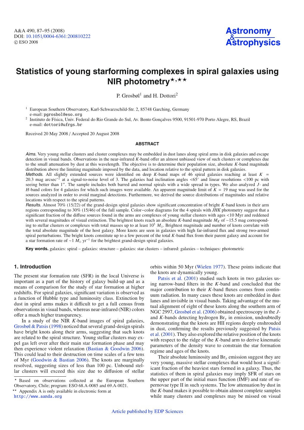 Statistics of Young Starforming Complexes in Spiral Galaxies Using NIR Photometry�,