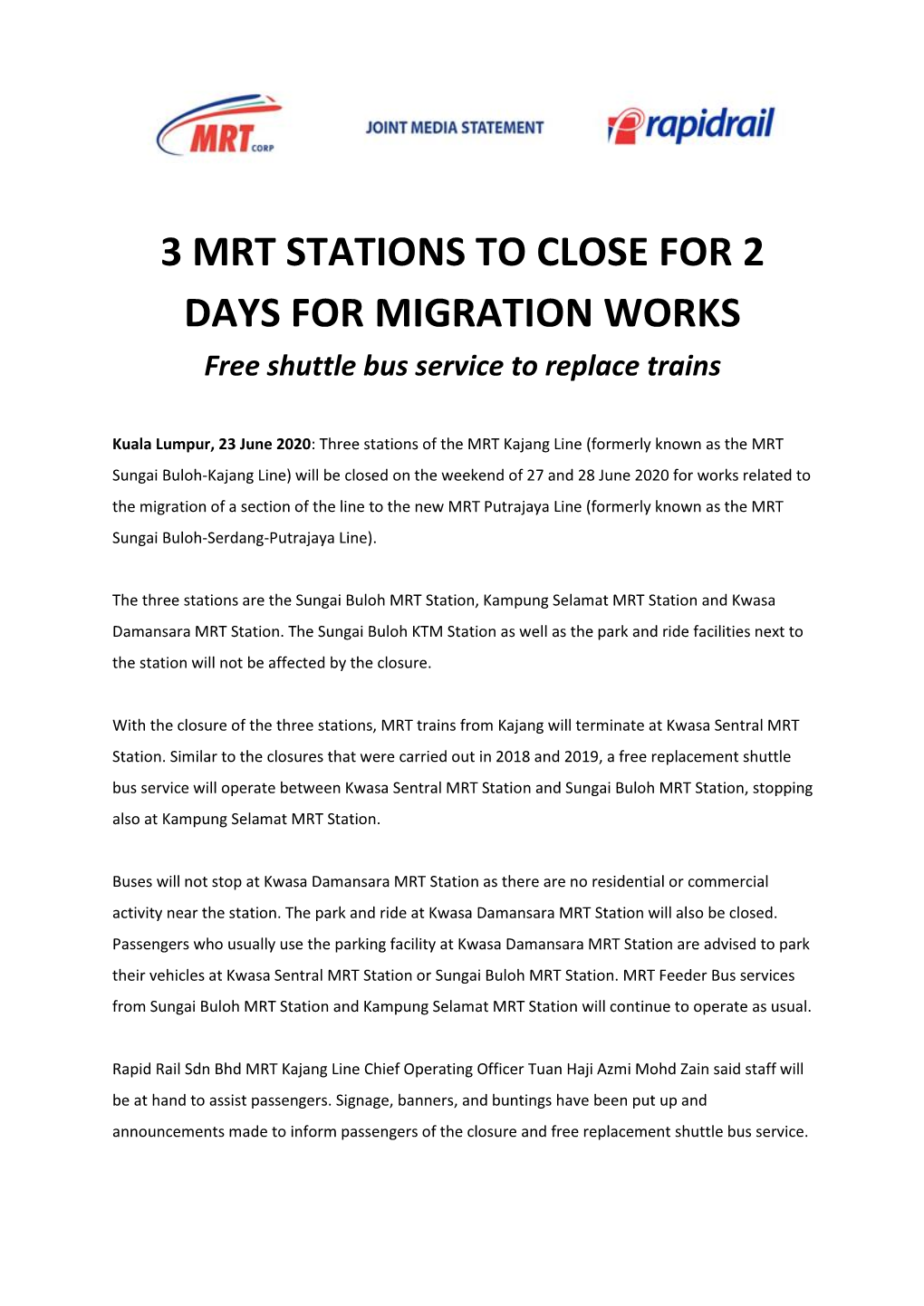 3 MRT STATIONS to CLOSE for 2 DAYS for MIGRATION WORKS Free Shuttle Bus Service to Replace Trains